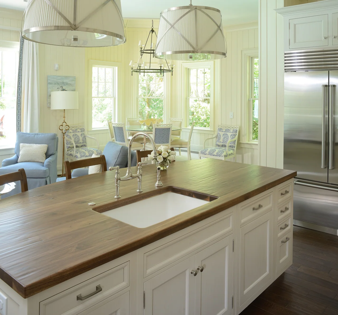 Kitchen island overlooking the dining and living spaces